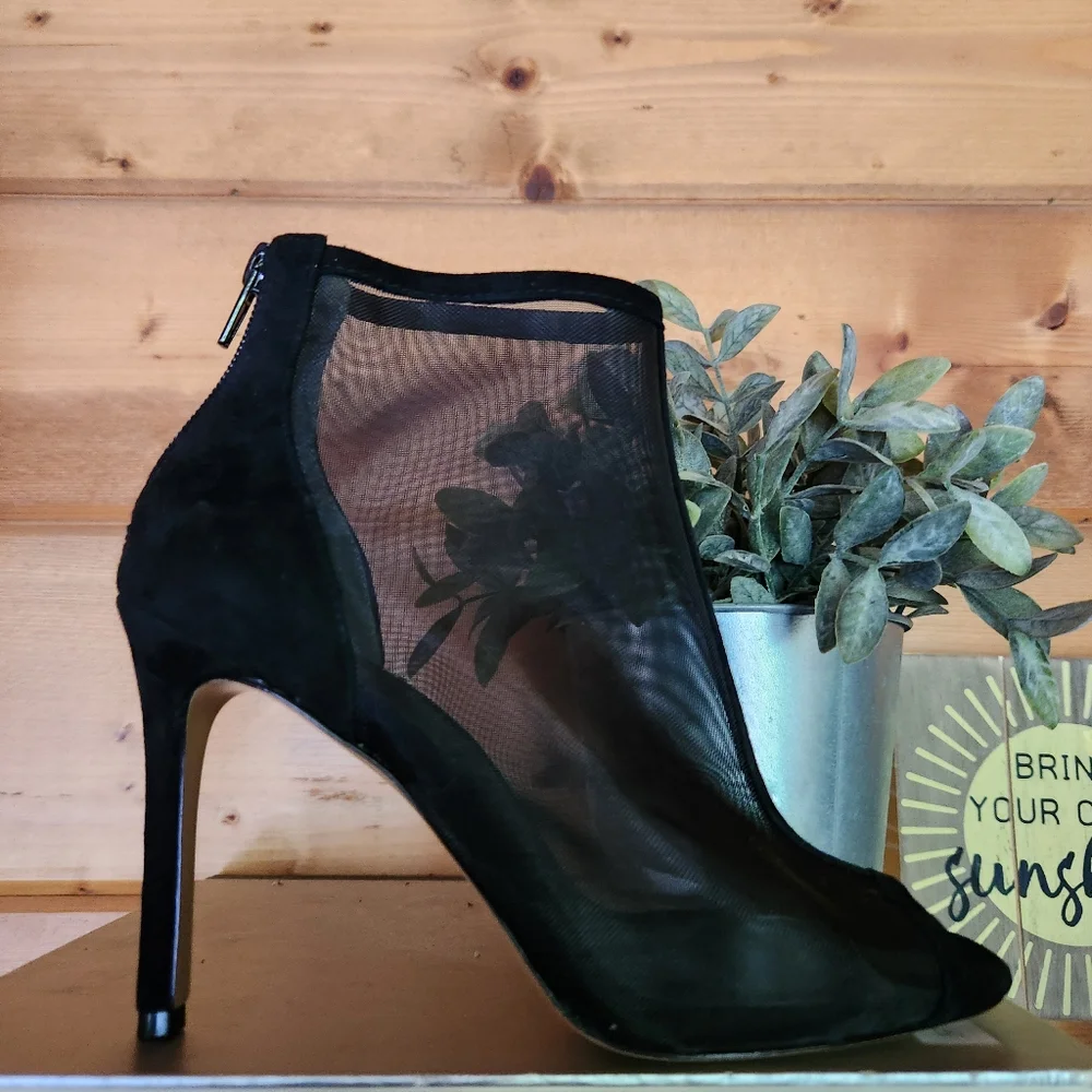 Charles David Court Black Mesh Leather Ankle Stiletto Heel Ankle Boot Bootie 6.5